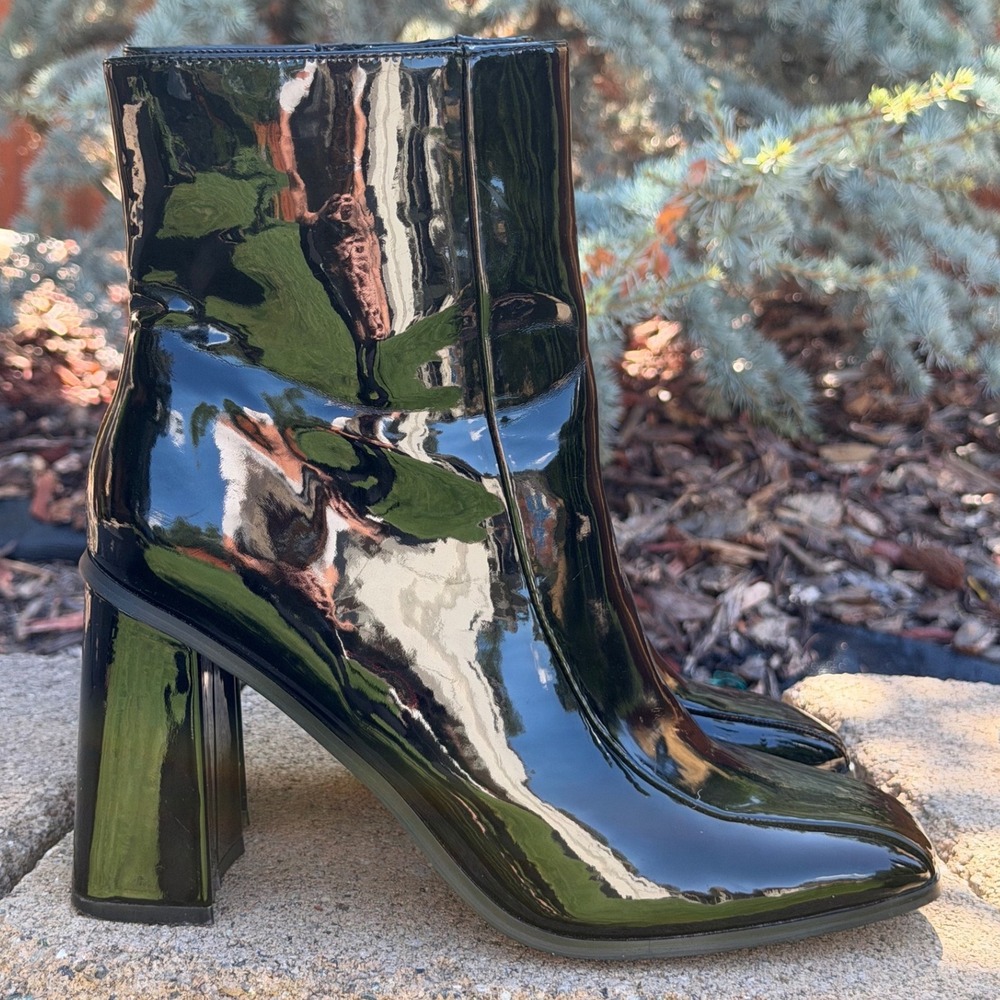 French Connection Black Patent Square Toe Block Heel Ankle Boots Womens 11